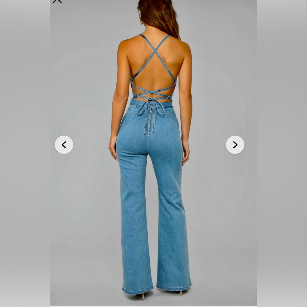Light wash summer denim tie back romper